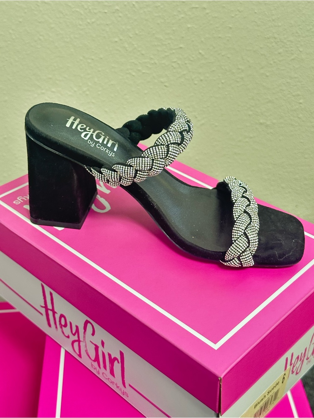 Corkys Hey Girl Black Braided Crystal-Trim Block Heel Sandal